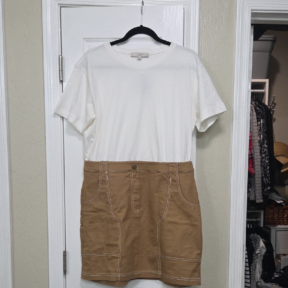 LOFT White Tee with Tan Utility Skirt